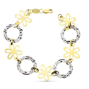 18K PULSERA ORO BICOLOR FLORES Y MOTIVOS REDONDOS CON ONDAS 20 CM