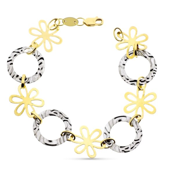 18K PULSERA ORO BICOLOR FLORES Y MOTIVOS REDONDOS CON ONDAS 20 CM