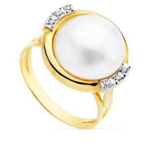 18K SORTIJA BICOLOR PERLA JAPONESA CON CIRCONITAS 14 MM
