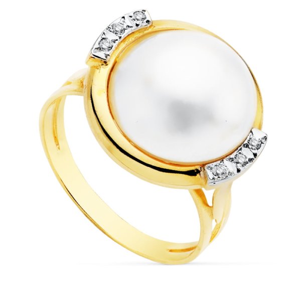 18K SORTIJA BICOLOR PERLA JAPONESA CON CIRCONITAS 14 MM
