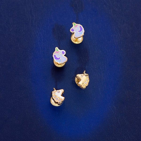 18K PENDIENTES ORO AMARILLO UNICORNIOS BRILLO CON CIRCONITAS TUERCA 7,5 X 6MM - Imagen 2