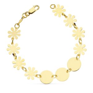 18K PULSERA ORO AMARILLO  FLORES Y CHAPA 18.5 CM