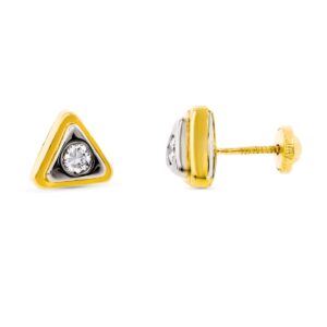 18K PENDIENTES ORO BICOLOR TRIANGULO CON CIRCONITAS 8X8 MM CIERRE TUERCA