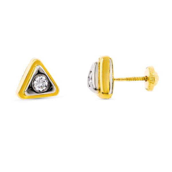 18K PENDIENTES ORO BICOLOR TRIANGULO CON CIRCONITAS 8X8 MM CIERRE TUERCA