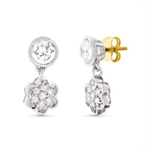 18K PENDIENTES ORO BLANCO CIRCONITAS FLOR 17X8 MM CIERRE A PRESIÓN