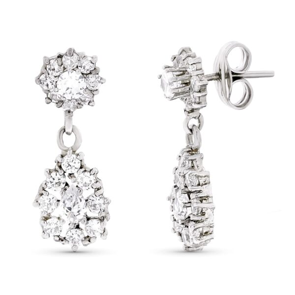 18K PENDIENTES ORO BLANCO LARGOS CIRCONITAS 21X8 MM CIERRE A PRESIÓN