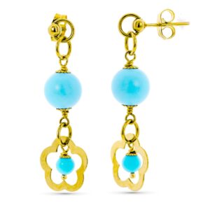 18K PENDIENTES LARGOS TURQUESA FLOR CALADA CIERRE PRESION
