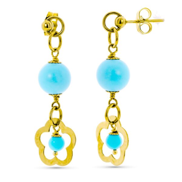 18K PENDIENTES LARGOS TURQUESA FLOR CALADA CIERRE PRESION