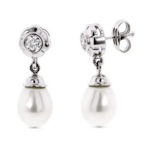 18K PENDIENTES ORO BLANCO PERLA CON CIRCONITAS CIERRE PRESION