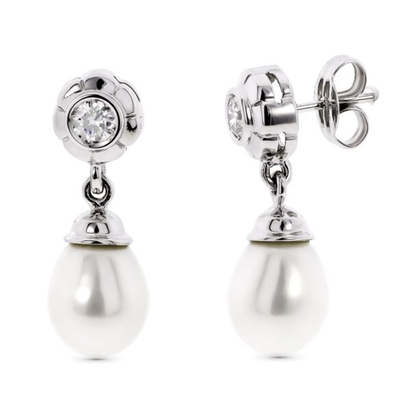 18K PENDIENTES ORO BLANCO PERLA CON CIRCONITAS CIERRE PRESION