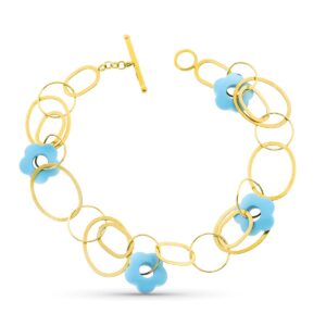 18K PULSERA ORO AMARILLO CIRCULOS Y FLOR TURQUESA 20 CM