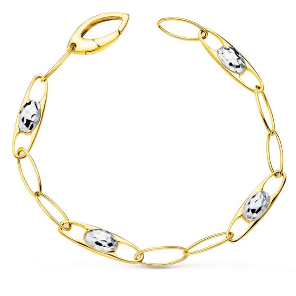 18K PULSERA ORO BICOLOR ESLABONES MOTIVOS TALLADOS. ANCHO 6 MM LARGO 19 CM