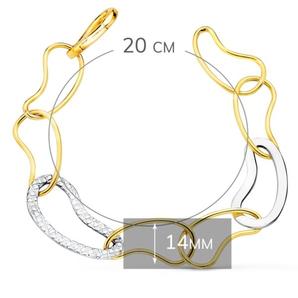18K PULSERA ORO BICOLOR ESLABONES BRILLO Y TALLADOS ANCHO 14 MM LARGO 20 CM - Imagen 2