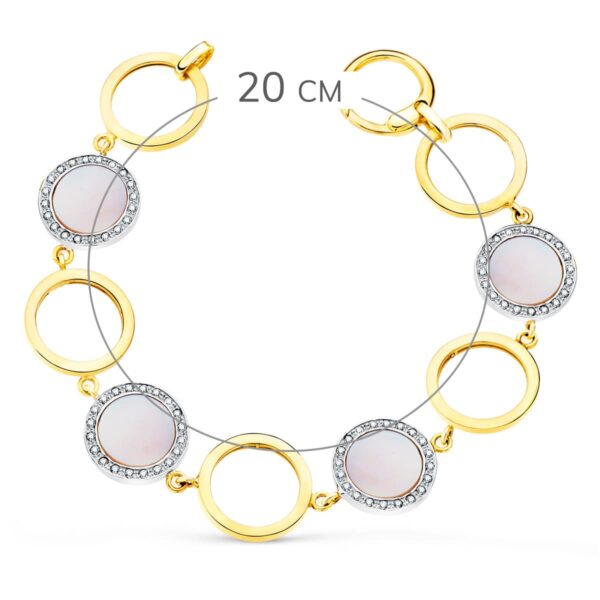 18K PULSERA ORO BICOLOR CIRCULOS CALADOS 16 MM Y NACAR ROSA 20 CM - Imagen 2
