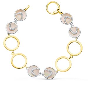 18K PULSERA ORO BICOLOR CIRCULOS CALADOS 16 MM Y NACAR ROSA 20 CM