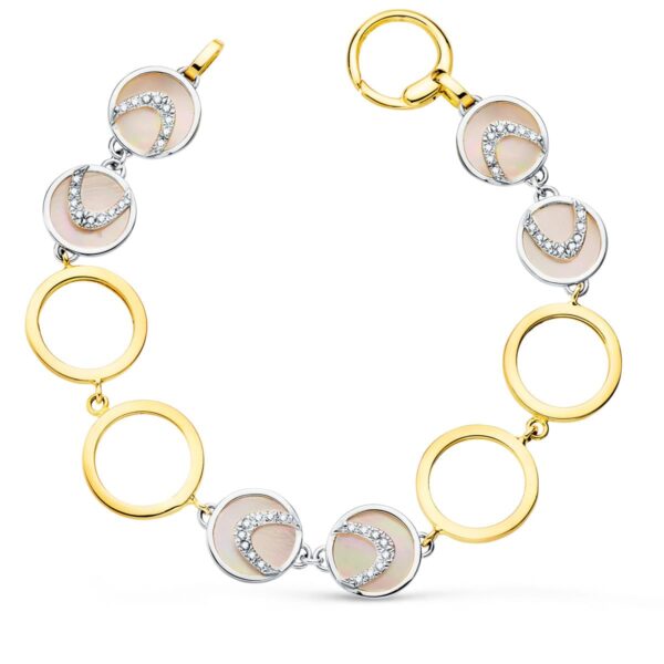 18K PULSERA ORO BICOLOR CIRCULOS CALADOS 16 MM Y NACAR ROSA 20 CM