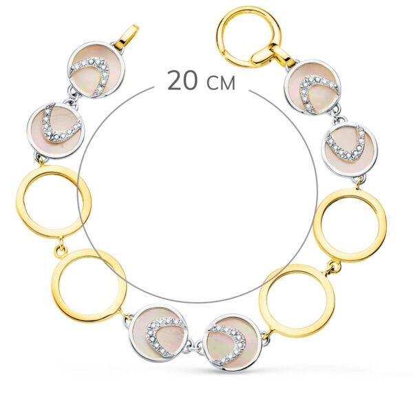 18K PULSERA ORO BICOLOR CIRCULOS CALADOS 16 MM Y NACAR ROSA 20 CM - Imagen 2