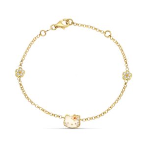 18K PULSERA ORO AMARILLO ESMALTE GATO Y FLOR CIRCONITAS 18 CM