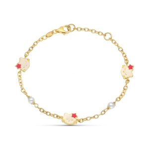 18K PULSERA ORO AMARILLO PERLA Y ESMALTE GATO 18 CM