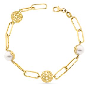 18K PULSERA ORO AMARILLO PERLA Y BOLAS CALADAS ANCHO 9 MM LARGO 19 CM