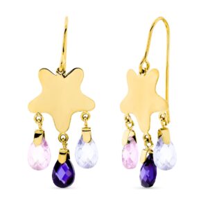 18K PENDIENTES ORO AMARILLO LARGOS PIEDRA COLOR ESTRELLA GANCHO