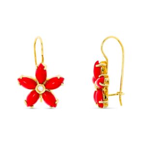 18K PENDIENTES ORO AMARILLO LARGOS FLOR CORALES 6X3 MM CIRCONITA