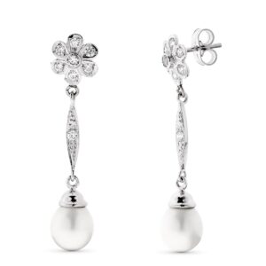 18K PENDIENTES PERLA Y FLOR ORO BLANCO