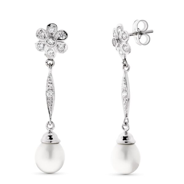 18K PENDIENTES PERLA Y FLOR ORO BLANCO