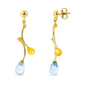 18K PENDIENTES ORO AMARILLO LARGOS PIEDRAS AGUAMARINA Y CITRINO