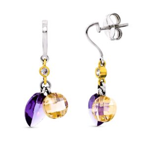 18K PENDIENTES ORO BICOLOR PIEDRAS AMATISTA Y KUNCITA