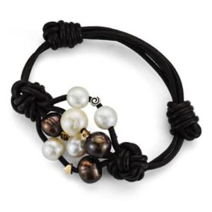 18K PULSERA CUERO PERLA Y DIAMANTES TALLA BRILLANTE