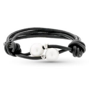 18K PULSERA CUERO PERLA Y DIAMANTES TALLA BRILLANTE