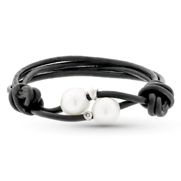18K PULSERA CUERO PERLA Y DIAMANTES TALLA BRILLANTE