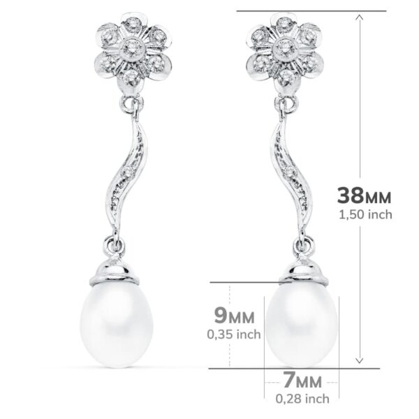 18K PENDIENTES ORO BLANCO PERLA 9X7 MM FLOR 38X8 MM - Imagen 2
