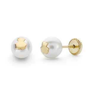 18K PENDIENTES ORO AMARILLO PERLA Y OSO . 6 MMTUERCA