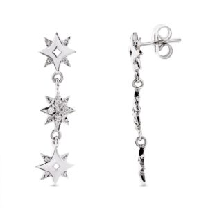 18K PENDIENTES ORO BLANCO ESTRELLAS Y CIRCONITAS 28X6 MM CIERRE PRESION