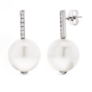 18K PENDIENTES ORO BLANCO LARGOS PERLA 14 MM Y CIRCONITAS