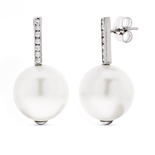 18K PENDIENTES ORO BLANCO LARGOS PERLA 14 MM Y CIRCONITAS