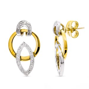 18K PENDIENTES ORO BICOLOR CIRCONITAS PRESION. 20X12 MM CIERRE PRESION