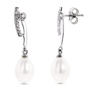 18K PENDIENTES ORO BLANCO LARGOS CON CIRCONITAS Y PERLA CIERRE PRESION