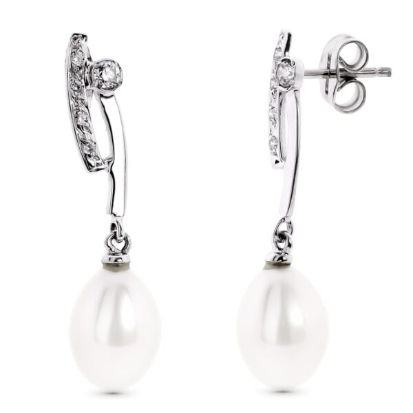 18K PENDIENTES ORO BLANCO LARGOS CON CIRCONITAS Y PERLA CIERRE PRESION