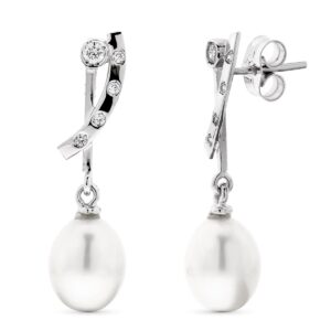 18K PENDIENTES ORO BLANCO LARGOS PERLA PERA Y CIRCONITAS