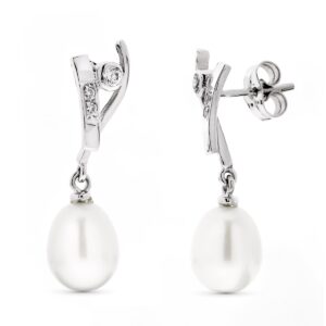 18K PENDIENTES ORO BLANCO LARGOS PERLA PERA Y CIRCONITAS