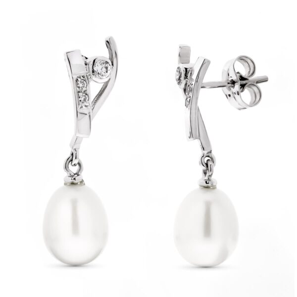 18K PENDIENTES ORO BLANCO LARGOS PERLA PERA Y CIRCONITAS