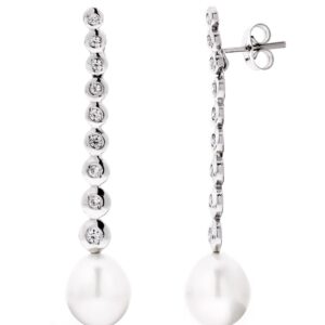 18K PENDIENTES ORO BLANCO LARGOS PERLA PERA Y CIRCONITAS