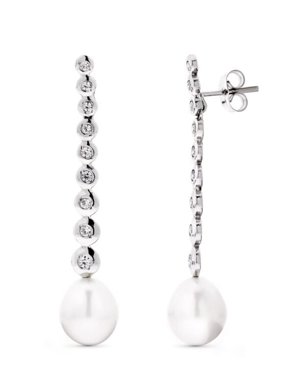 18K PENDIENTES ORO BLANCO LARGOS PERLA PERA Y CIRCONITAS