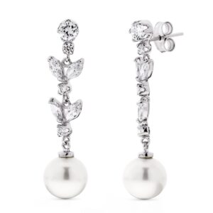 18K PENDIENTES ORO BLANCO LARGOS PERLA 9 9.5 MM Y CIRCONITAS