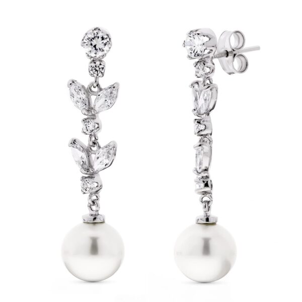18K PENDIENTES ORO BLANCO LARGOS PERLA 9 9.5 MM Y CIRCONITAS