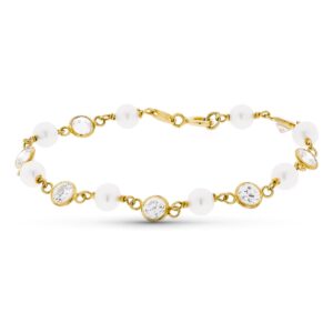 18K PULSERA ORO AMARILLO CON PERLA Y CIRCONITAS 16.5 CM