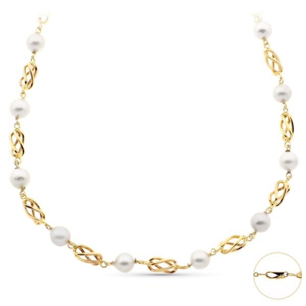 18K COLLAR ORO AMARILLO CON PERLA DE 8.5 MM Y JAULAS DE ORO. LONGITUD 50CM